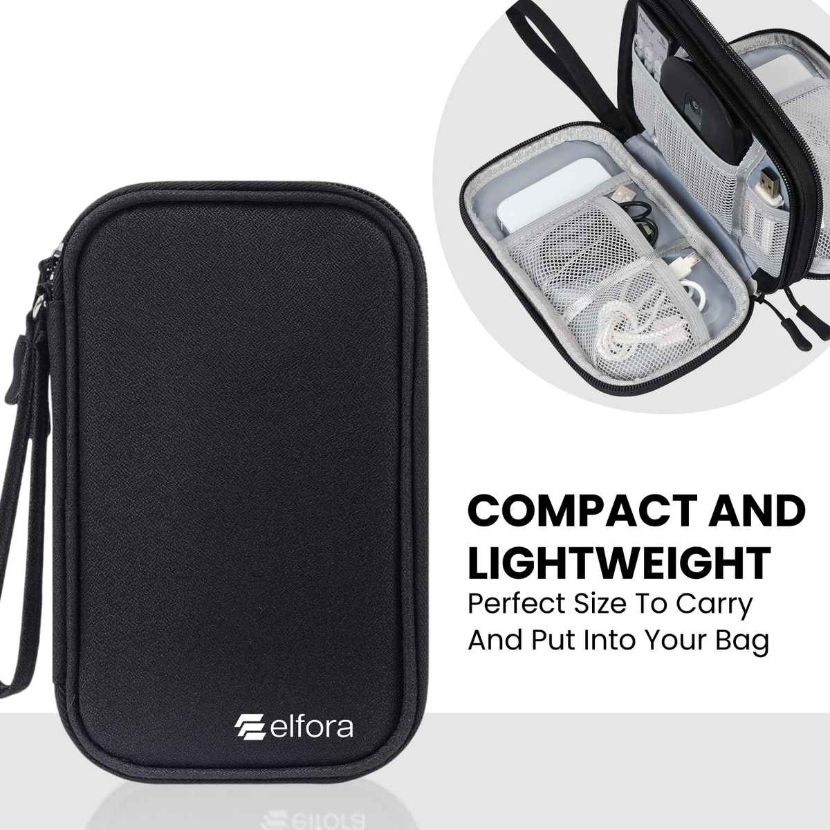 Elfora Big Cable Organizer Bag Double Layer Travel Storage | Black - 27 x 16 cm