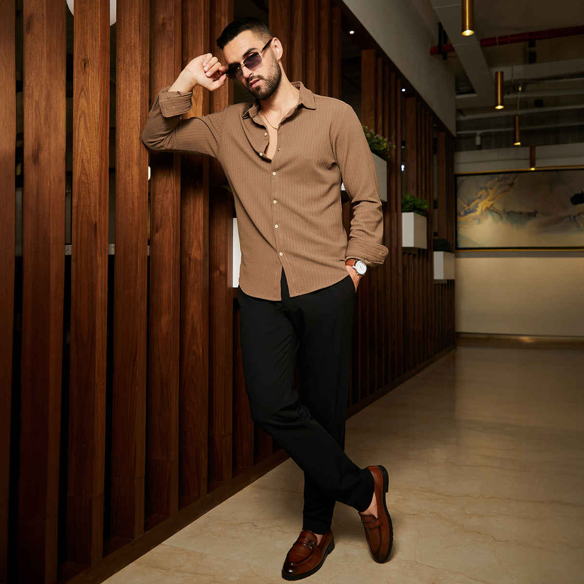 Campus Sutra Men's Polyester Stripe-Creased Shirt | Brown | S