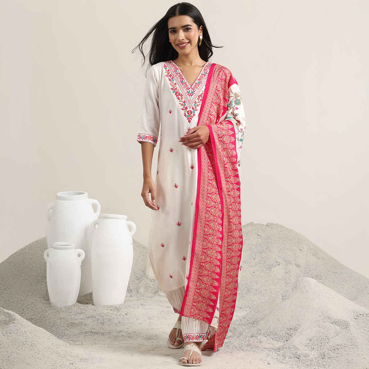 Libas Women's Embroidered Rayon Straight Suit with Dupatta | White - M
