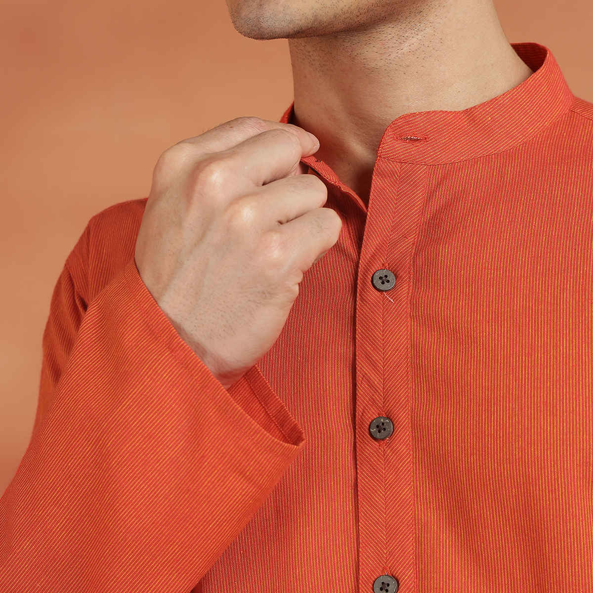 Fabindia Men's Cotton Slim Fit Long Kurta | Orange - M