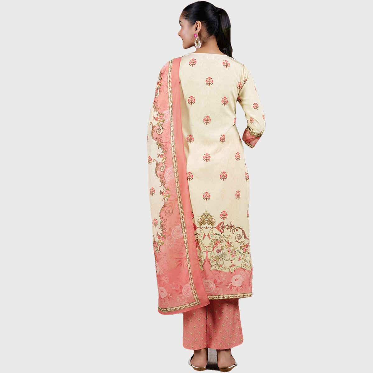 Libas Women's Printed Poly Crepe Straight Suit with Dupatta | Beige - S