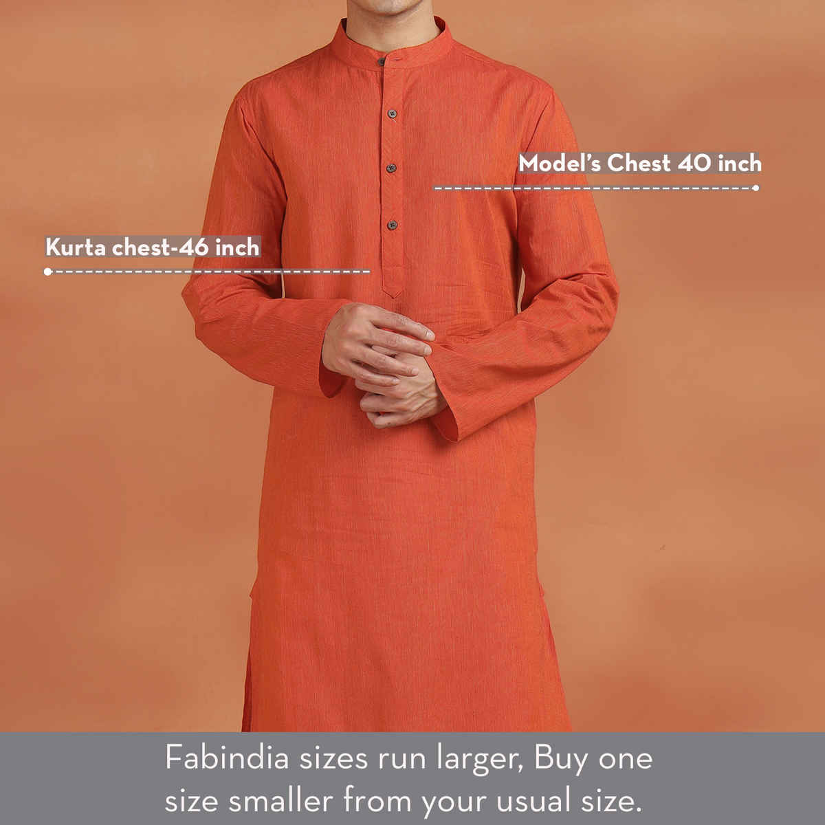Fabindia Men's Cotton Slim Fit Long Kurta | Orange - M