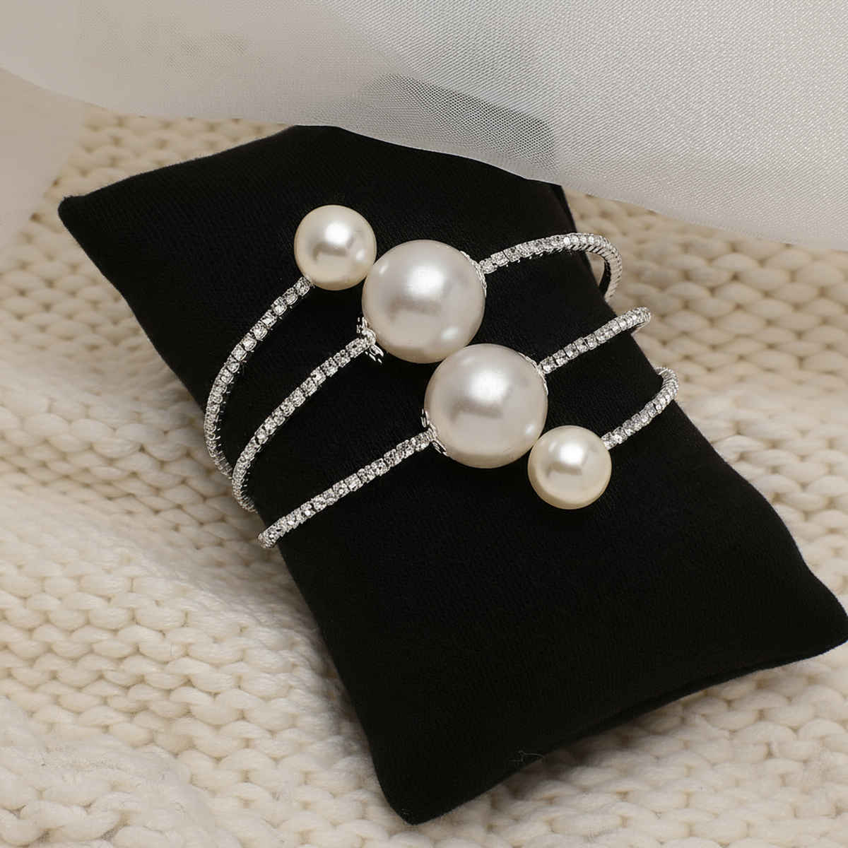 Sohi Silver Plated Party Rhinestones & Pearls Bracelet For Women