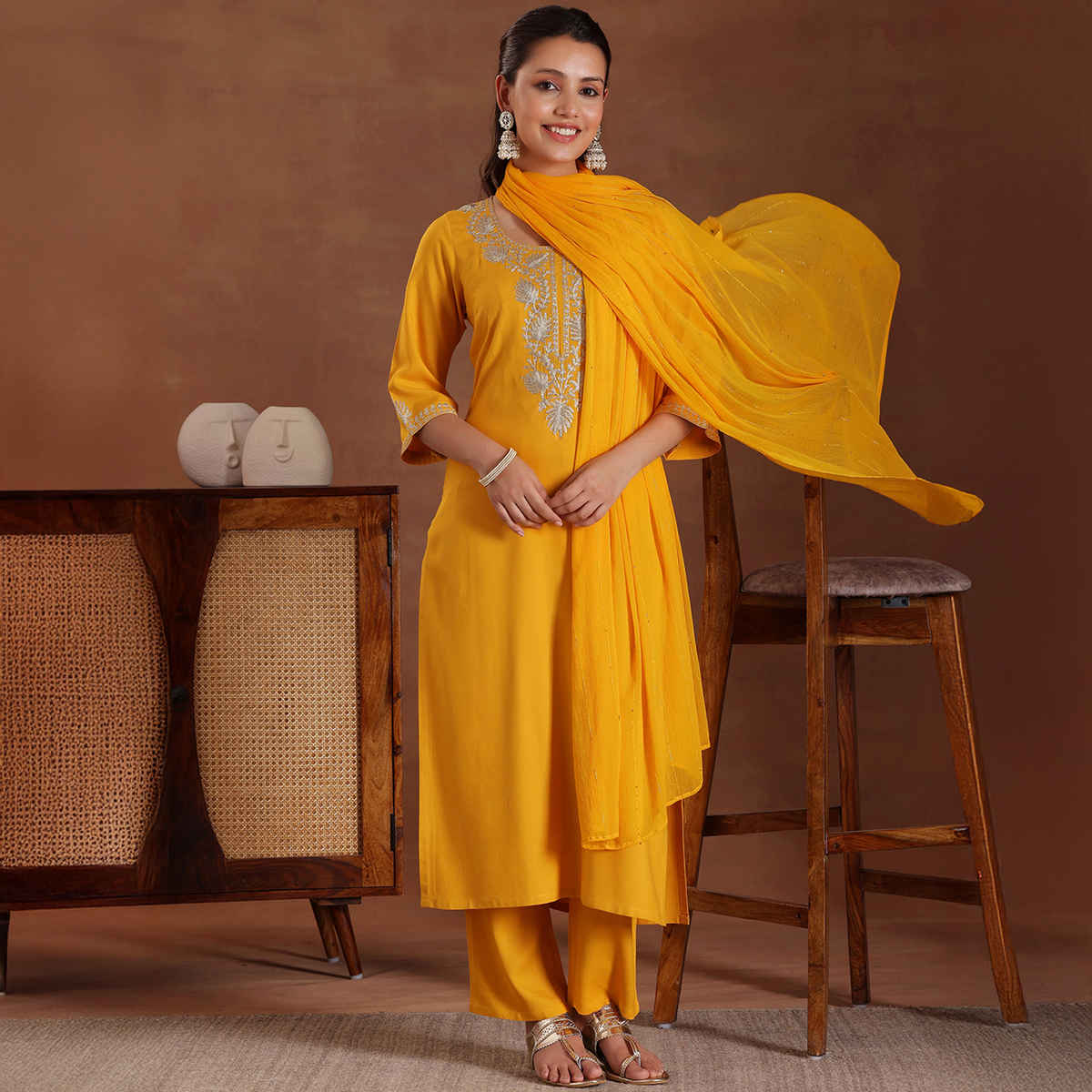 Libas Women's Yoke Design Rayon Straight Suit with Dupatta | Mustard - S