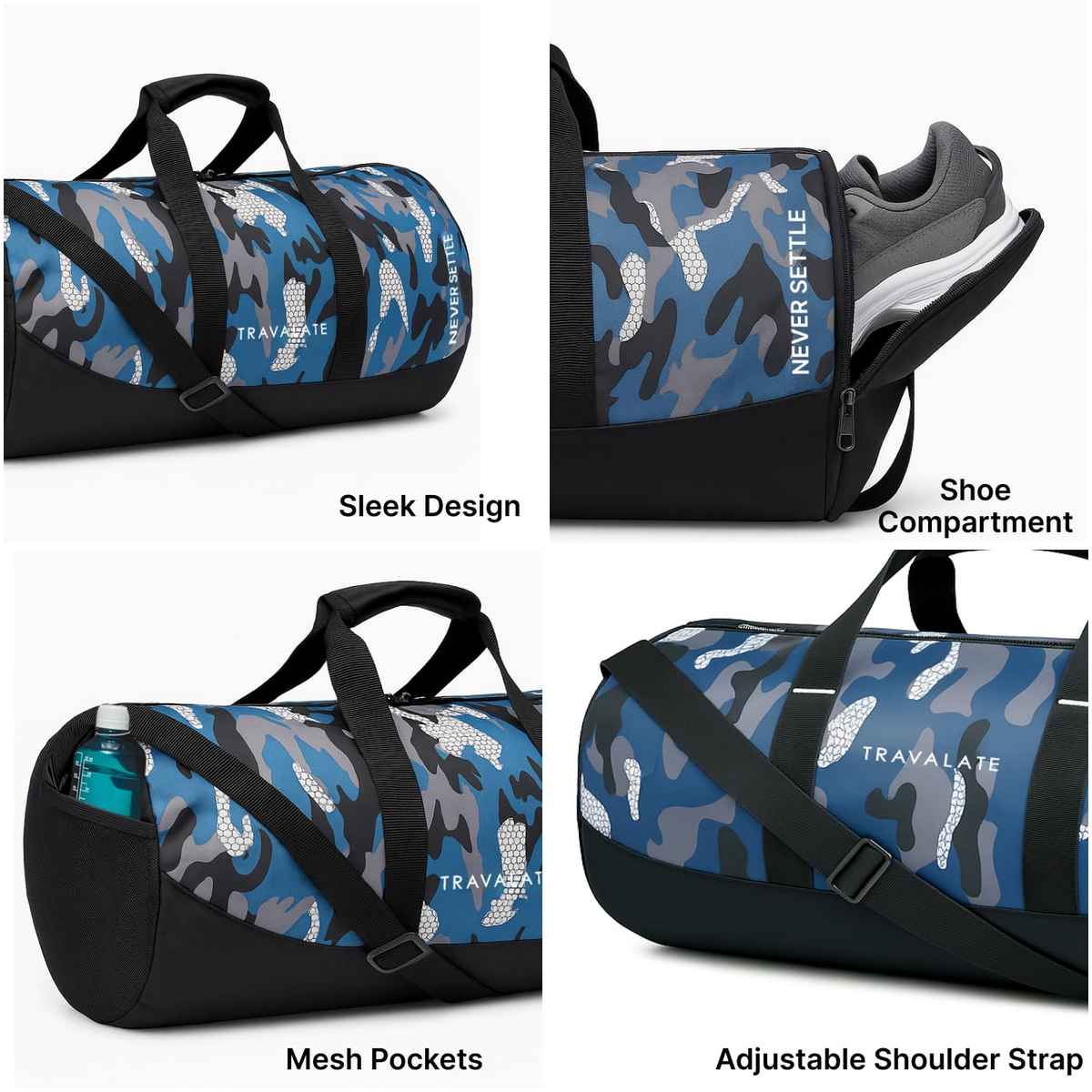 TRAVALATE Gym Bag with Separate Shoe Compartment | Military Blue - 30 L
