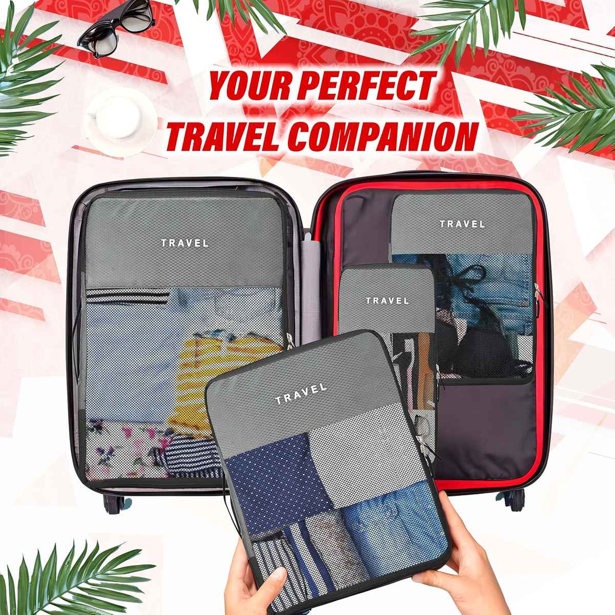 Kuber Industries Packing Cubes | Travel Mesh Suitcase Organizer Bags | Grey