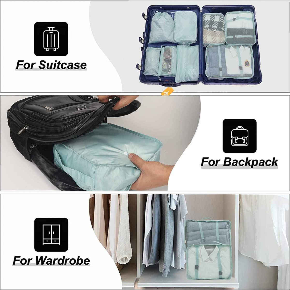 Awestuffs Travel Packing Cubes with Laundry Bag and Shoe Bag Waterproof | Blue