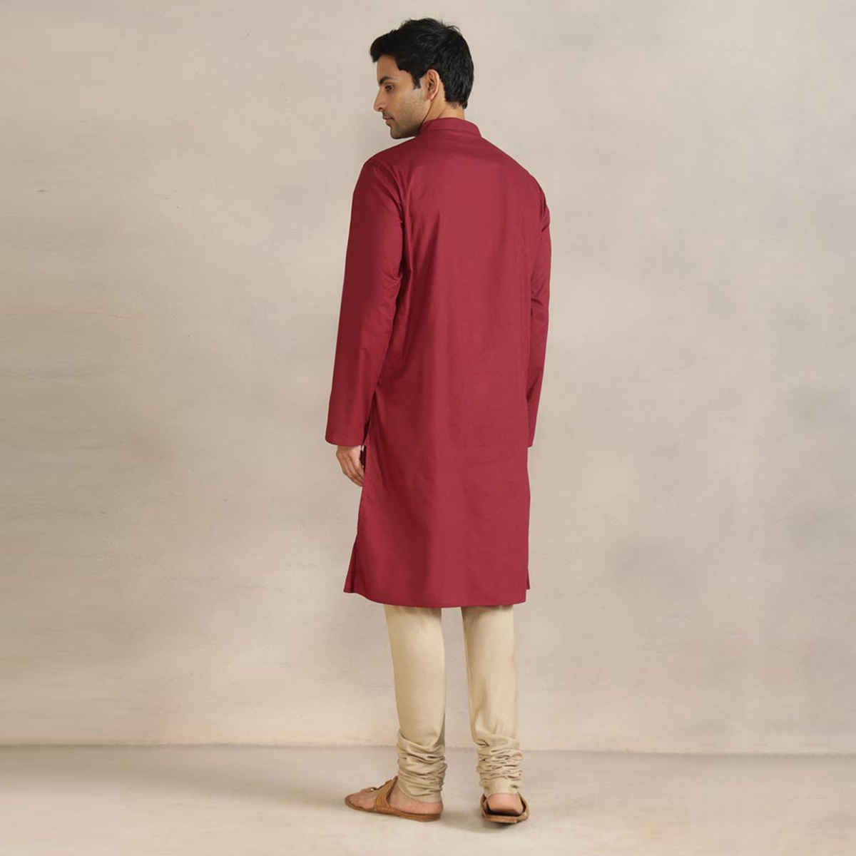 Fabindia Men's Cotton Slim Fit Long Kurta | Maroon - XL