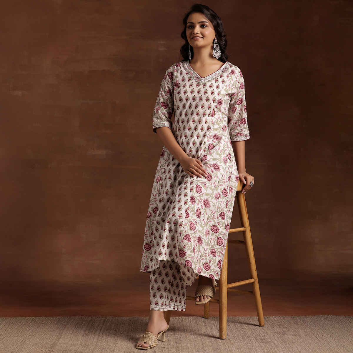 Libas Women's Printed Cotton A-Line Kurta With Palazzos | Off white - M