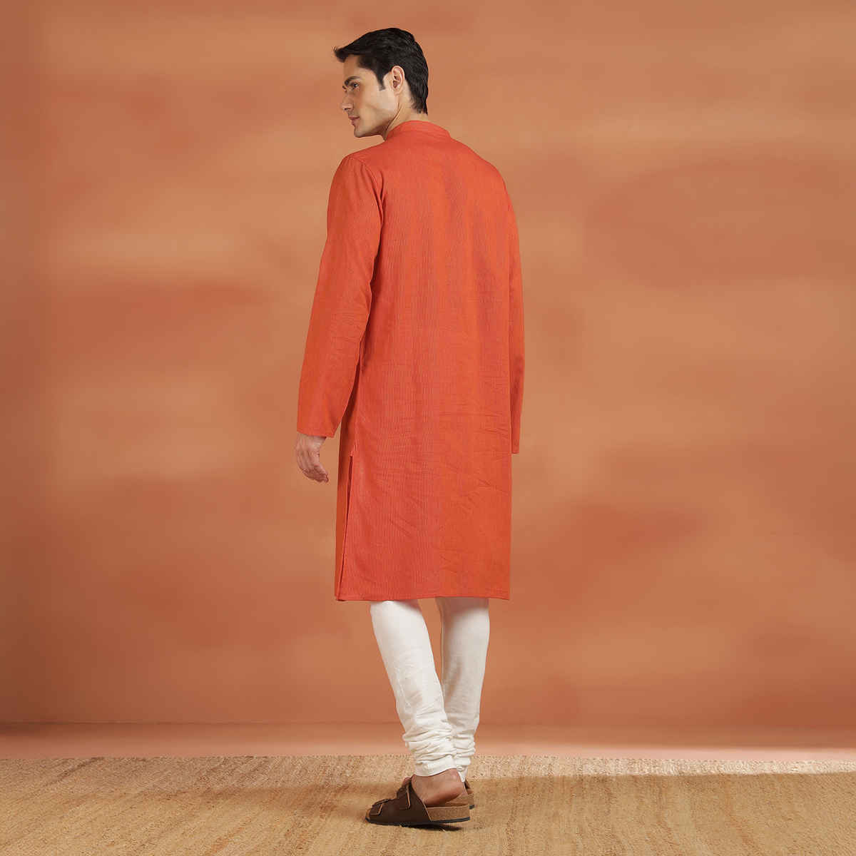 Fabindia Men's Cotton Slim Fit Long Kurta | Orange - XL