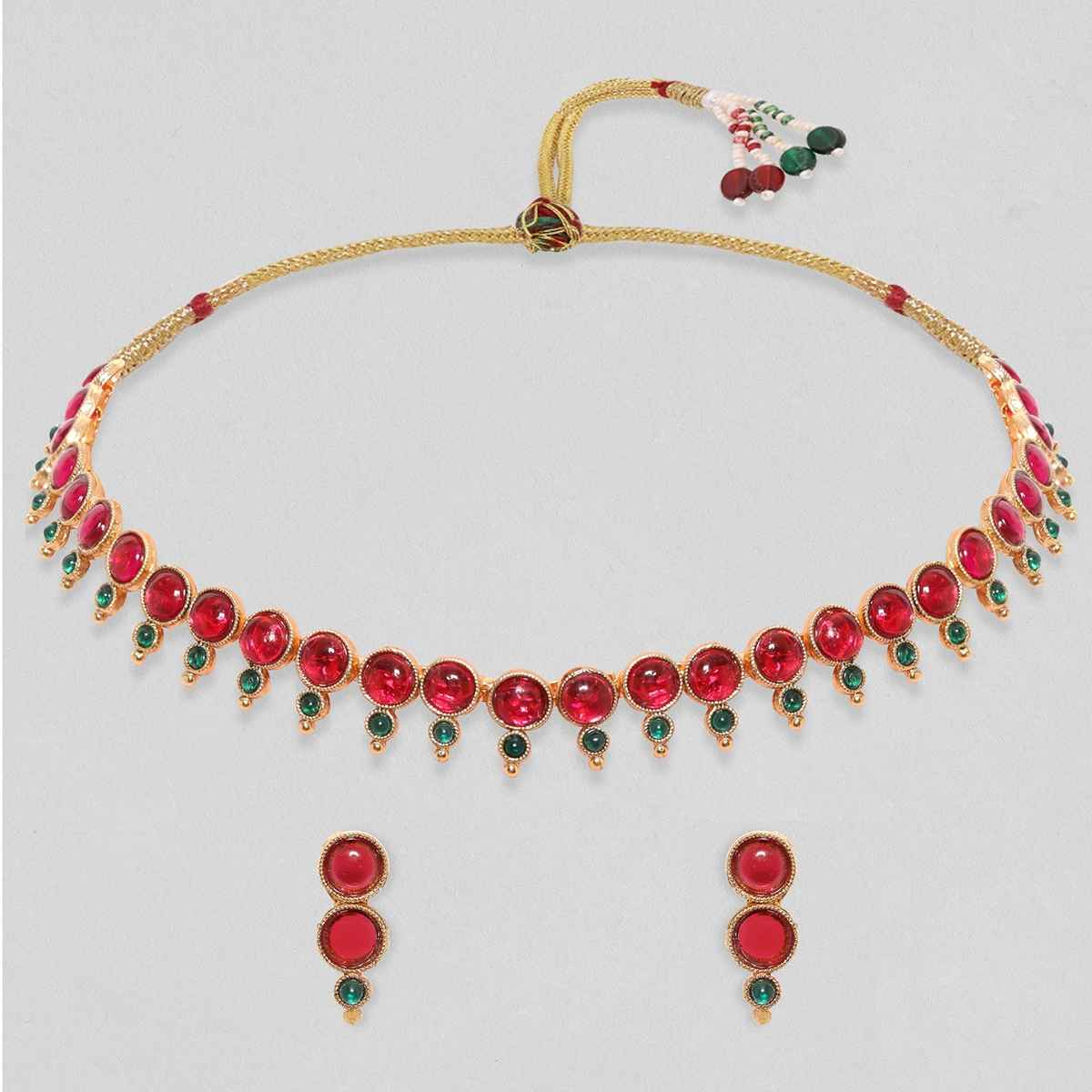 Rubans 22K Gold-Plated Ruby Pink & Emerald Green Studded Necklace & Earring Set