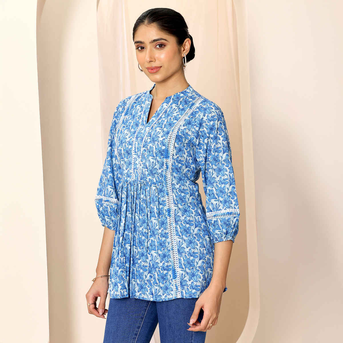 Libas Women's Printed Cotton A-line Short Kurti | Indigo - L
