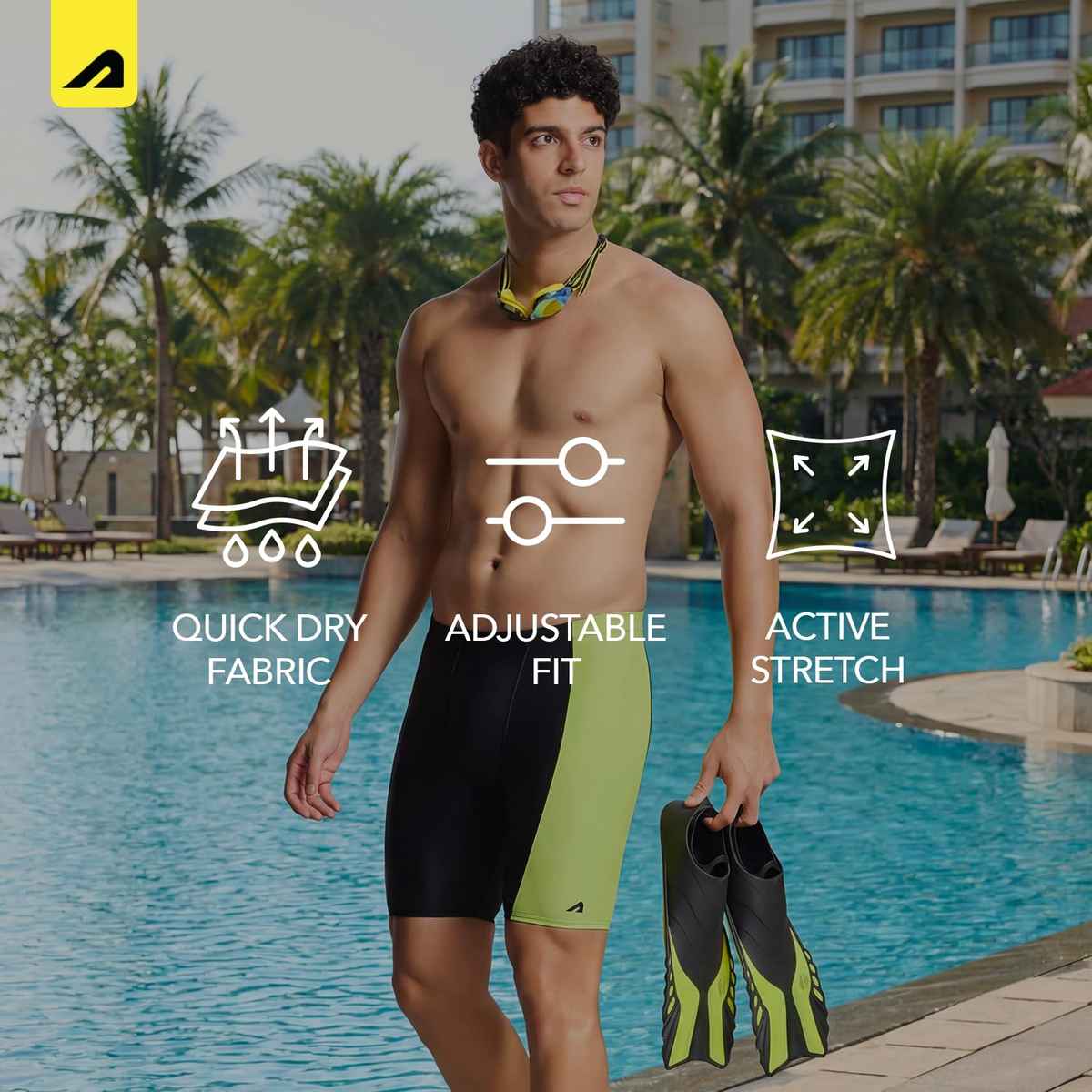 Boldfit Men's Swimming Jammers Strechable Breathable Quick Dry | Black & Yellow - L
