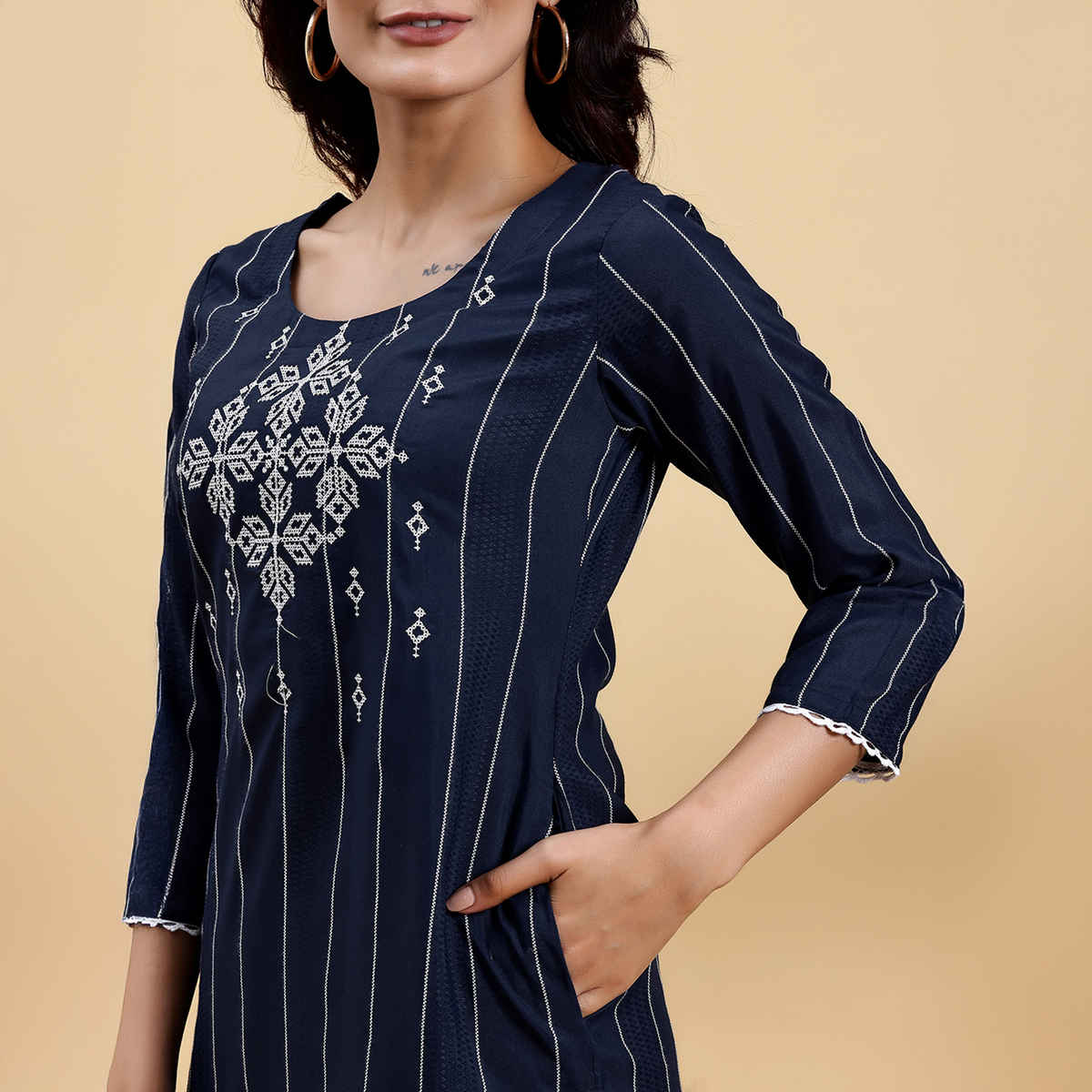 Libas Women's Embroidered Silk Straight Kurta | Blue - XL