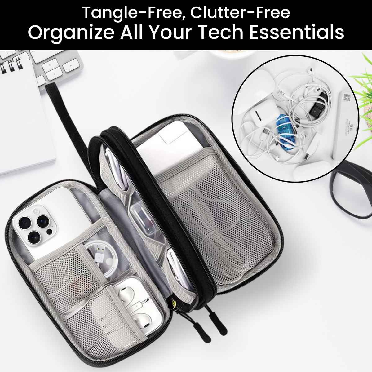 Elfora Cable Organizer Pouch Double Layer Travel Storage for Cables Chargers Power Bank | Black