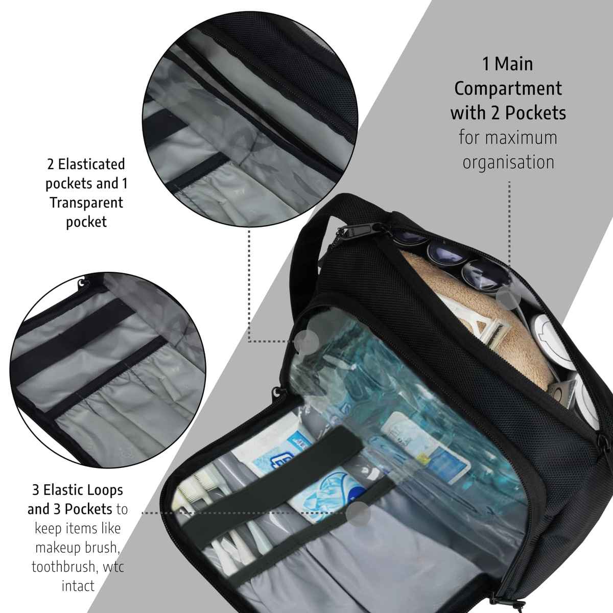 TRAVALATE Lightweight Toiletry Organizer Dopp Kit | Unisex Multipurpose, Makeup Kit Bag | Black