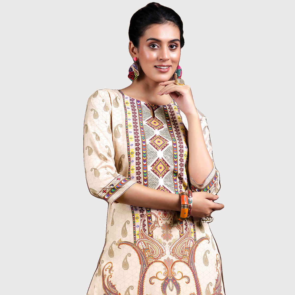 Libas Women's Printed Poly Crepe Straight Kurta Set | Beige - S