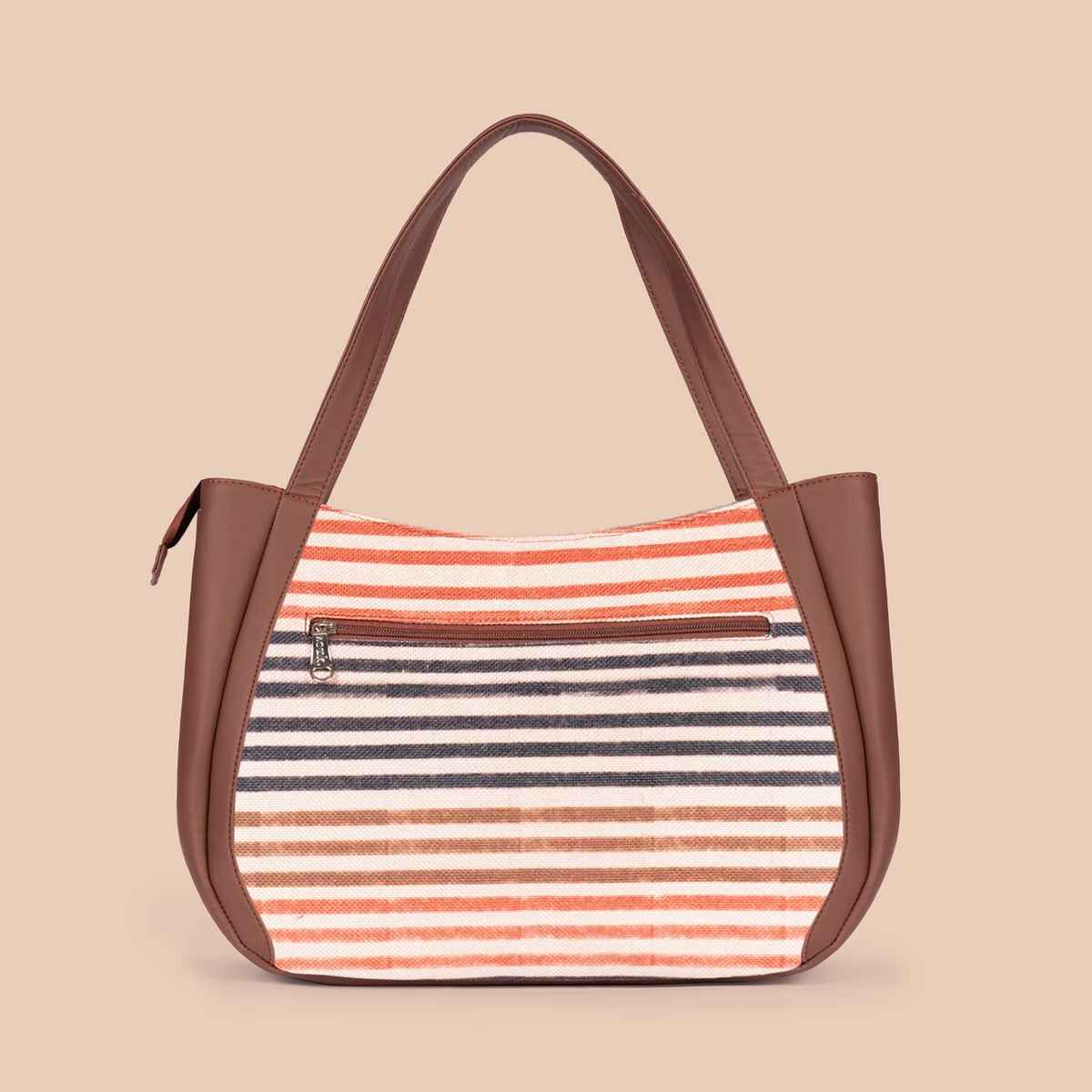 Zouk Women's Striped Vegan Leather 13.6 L Double Strap Handbag | Brown - Free Size