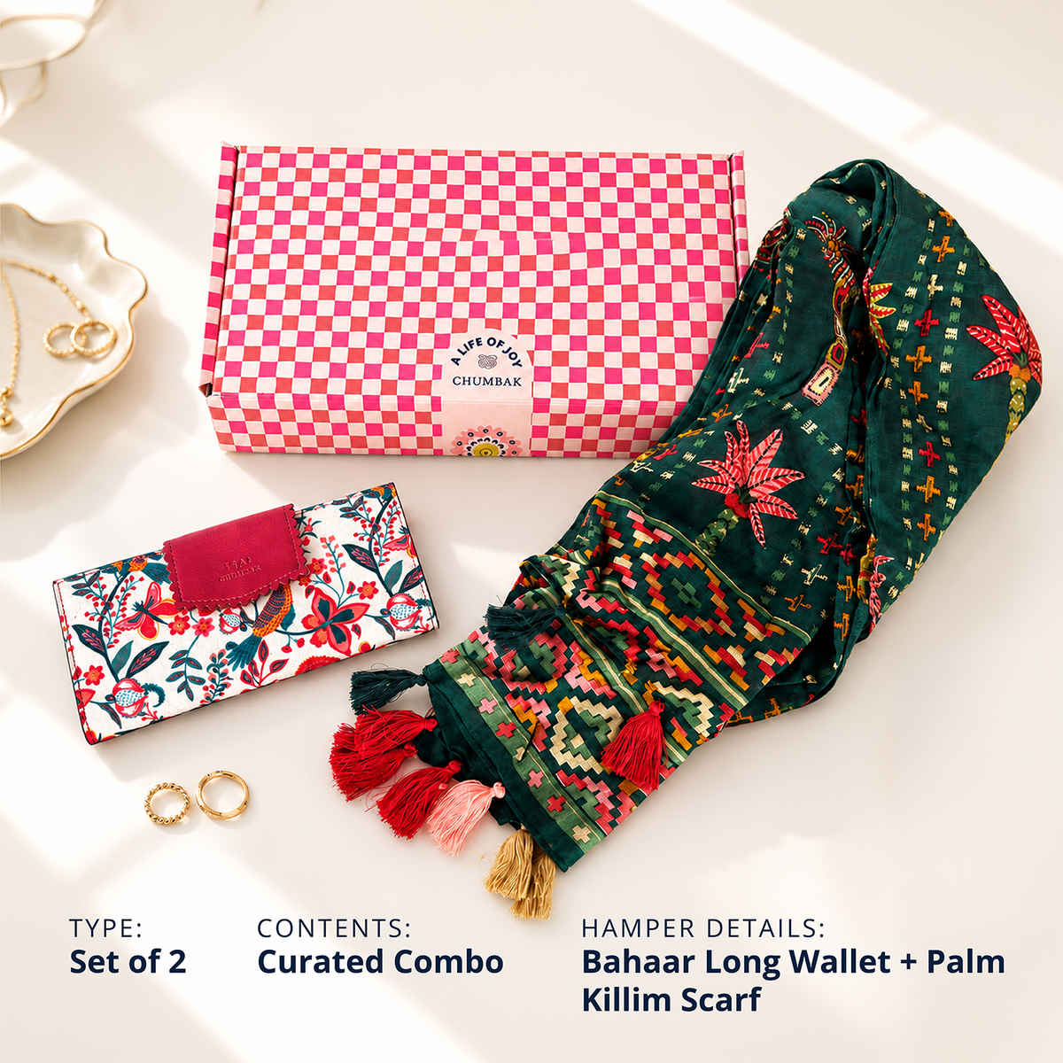 Teal By Chumbak Rakhi Combo | Bahaar long wallet + Palm Killim Scarf | Comes in a Gift Box