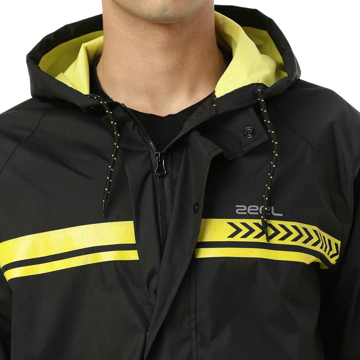 ZEEL Rain Coat for Men with Adjustable Hood along with Reflective back, Black-Lime XL