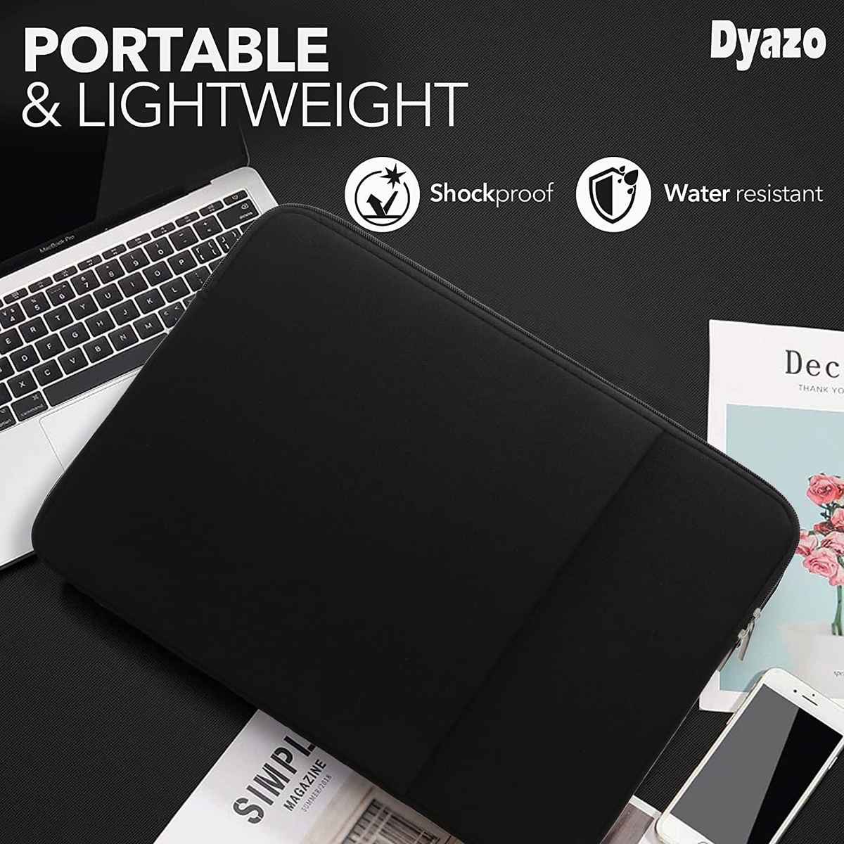 Dyazo Shockproof Neoprene Laptop Sleeve with Pocket | 15.6 Inch | Black