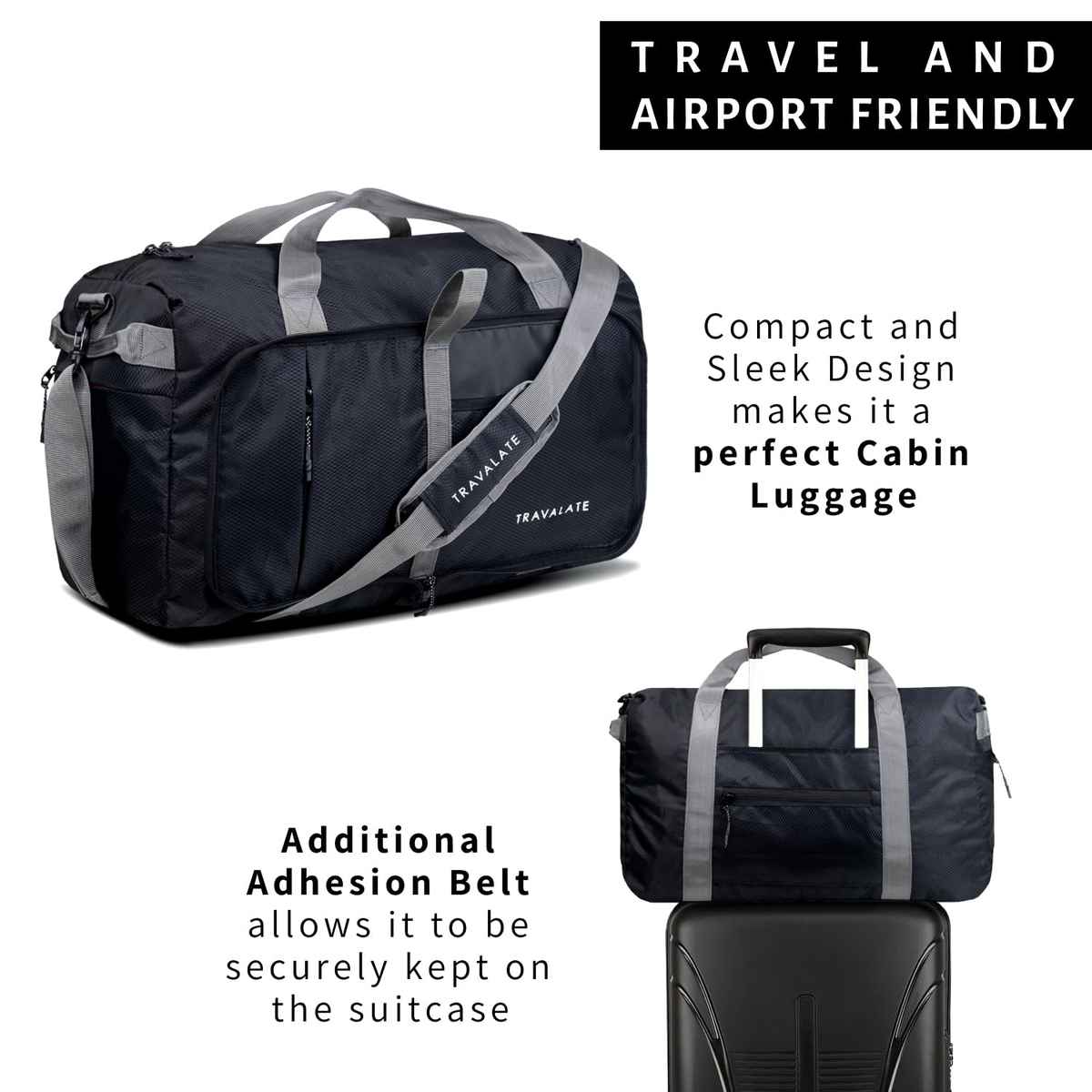 TRAVALATE Foldable Travel Polyester Duffle Bag with Separate Shoe Compartment | Black - 50 L