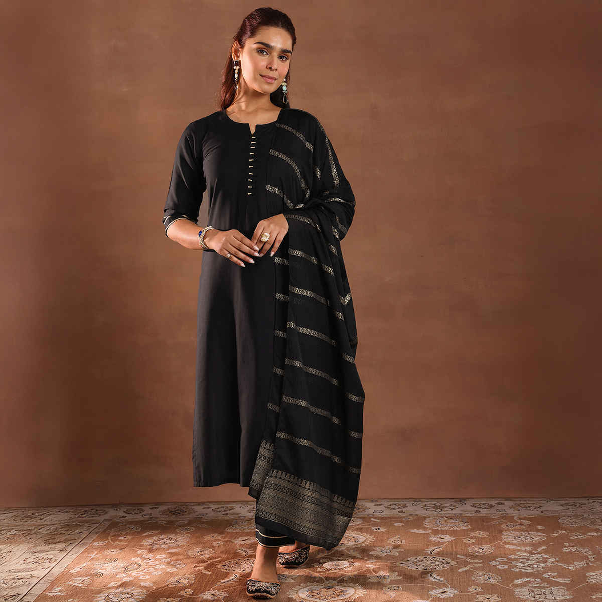 Libas Women's Solid Silk Blend Straight Suit Set with Dupatta | Black - L