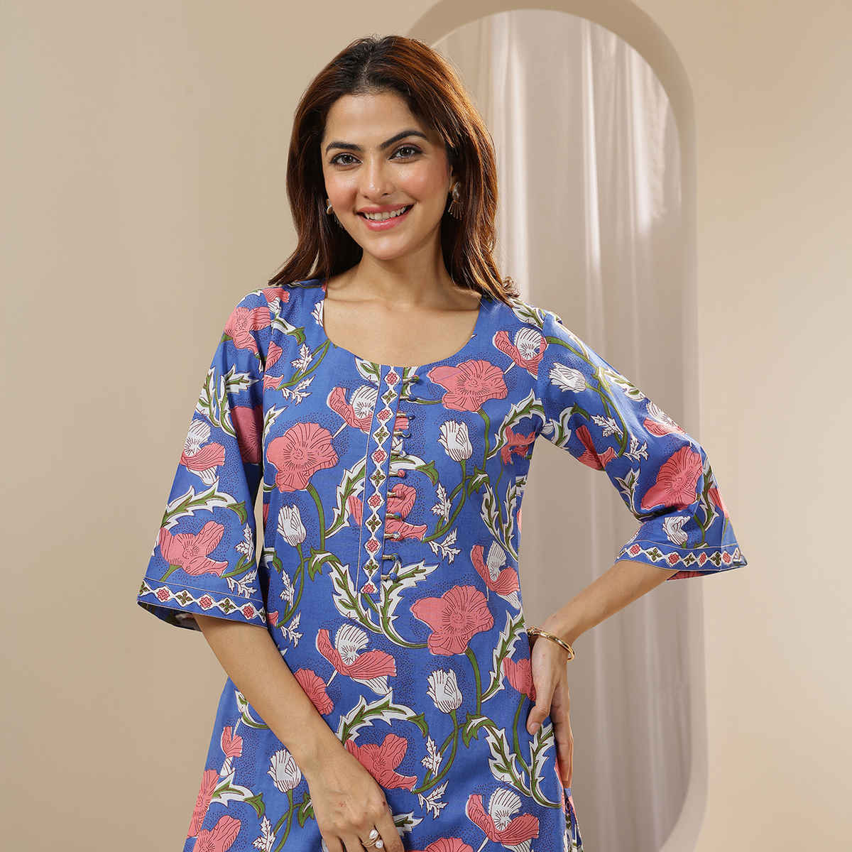 Libas Women's Printed Cotton Straight Suit Sets with Dupatta | Blue - XL