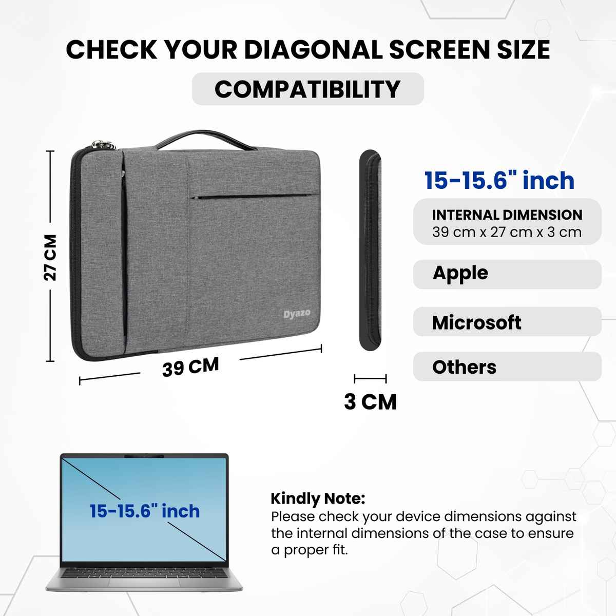 Dyazo Laptop Sleeve with Handle and Two Front Pockets | 15 to 15.6 Inch | Grey