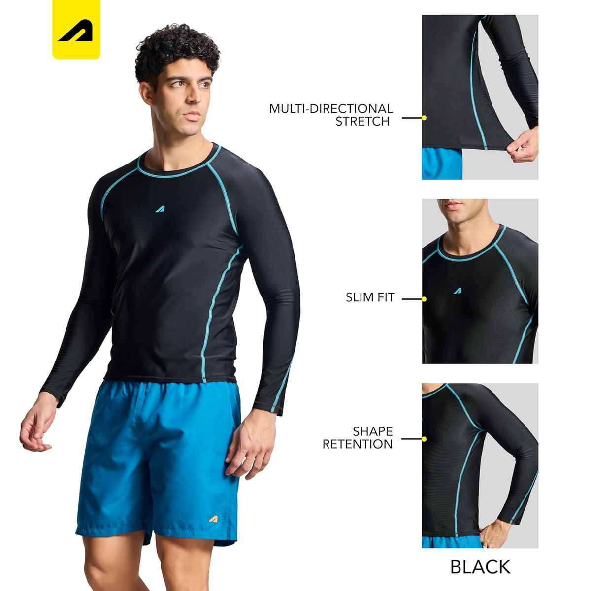Boldfit Men's Full Sleeve Swim TShirt Stretchable | Black - M