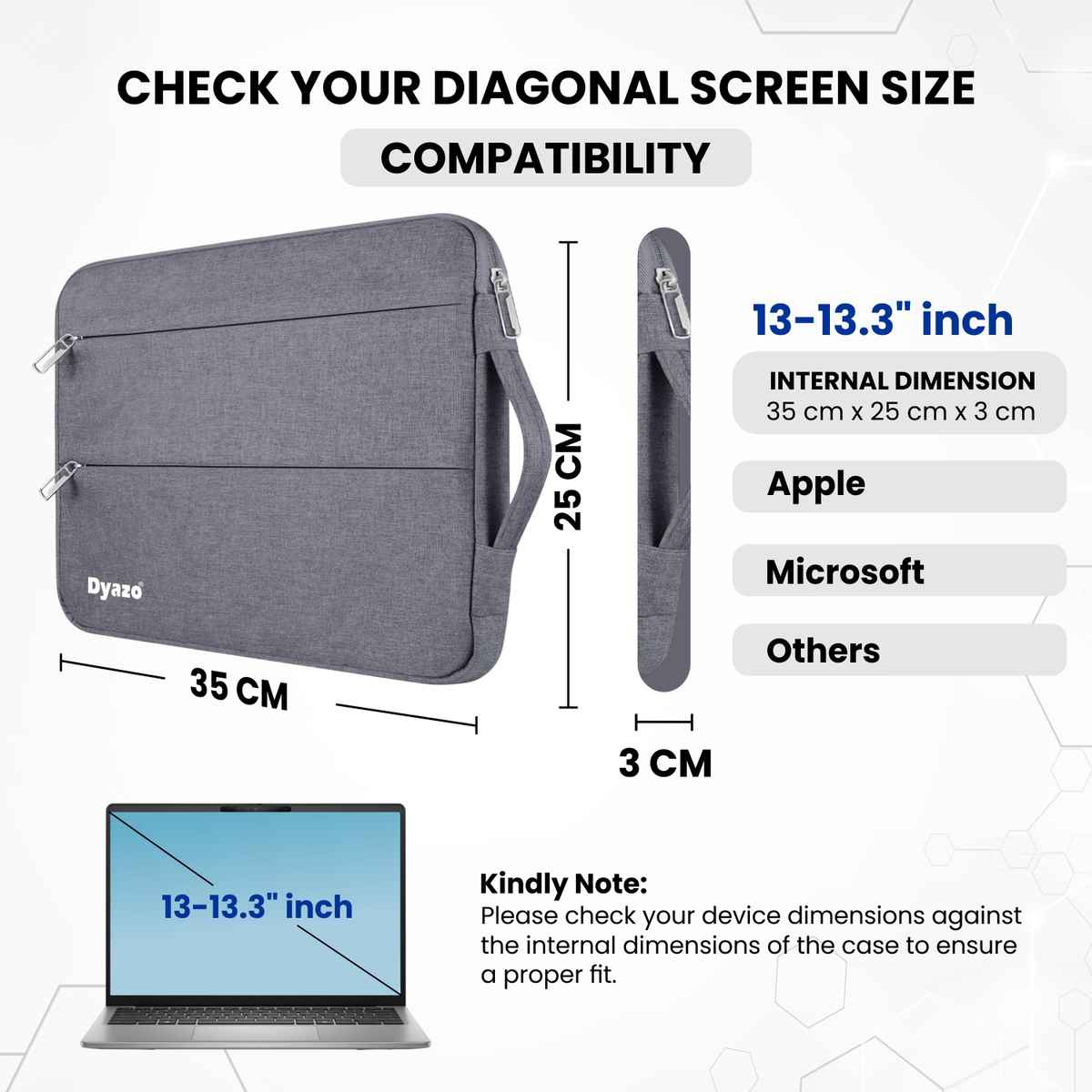 Dyazo Laptop Sleeve with Handle for MacBook and Other Laptops | 13.3 Inch | Grey