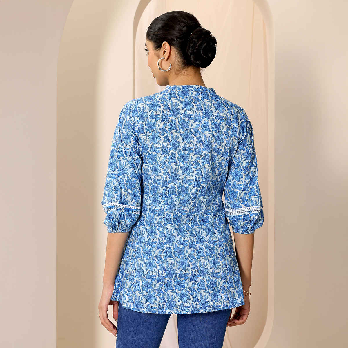 Libas Women's Printed Cotton A-line Short Kurti | Indigo - S