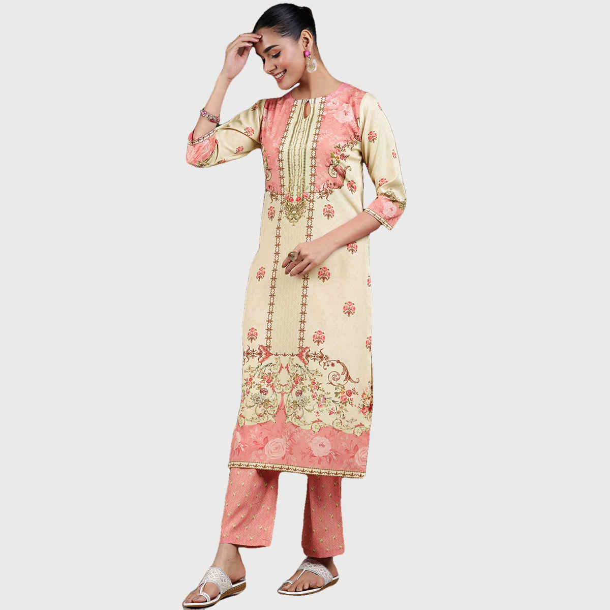 Libas Women's Printed Poly Crepe Straight Suit with Dupatta | Beige - S