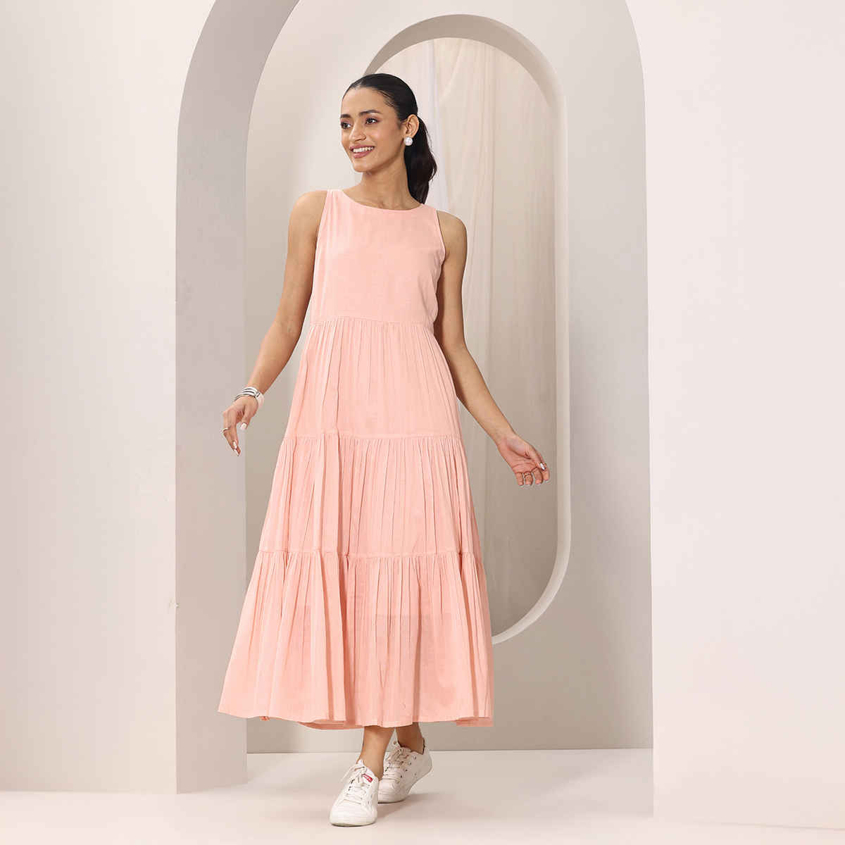 Libas Women's Solid Cotton Tiered Fit and Flare One Piece Dress - Buy ...