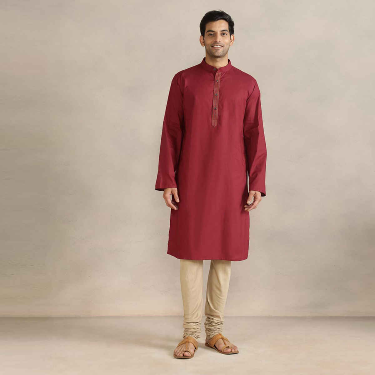 Fabindia Men's Cotton Slim Fit Long Kurta | Maroon - XL