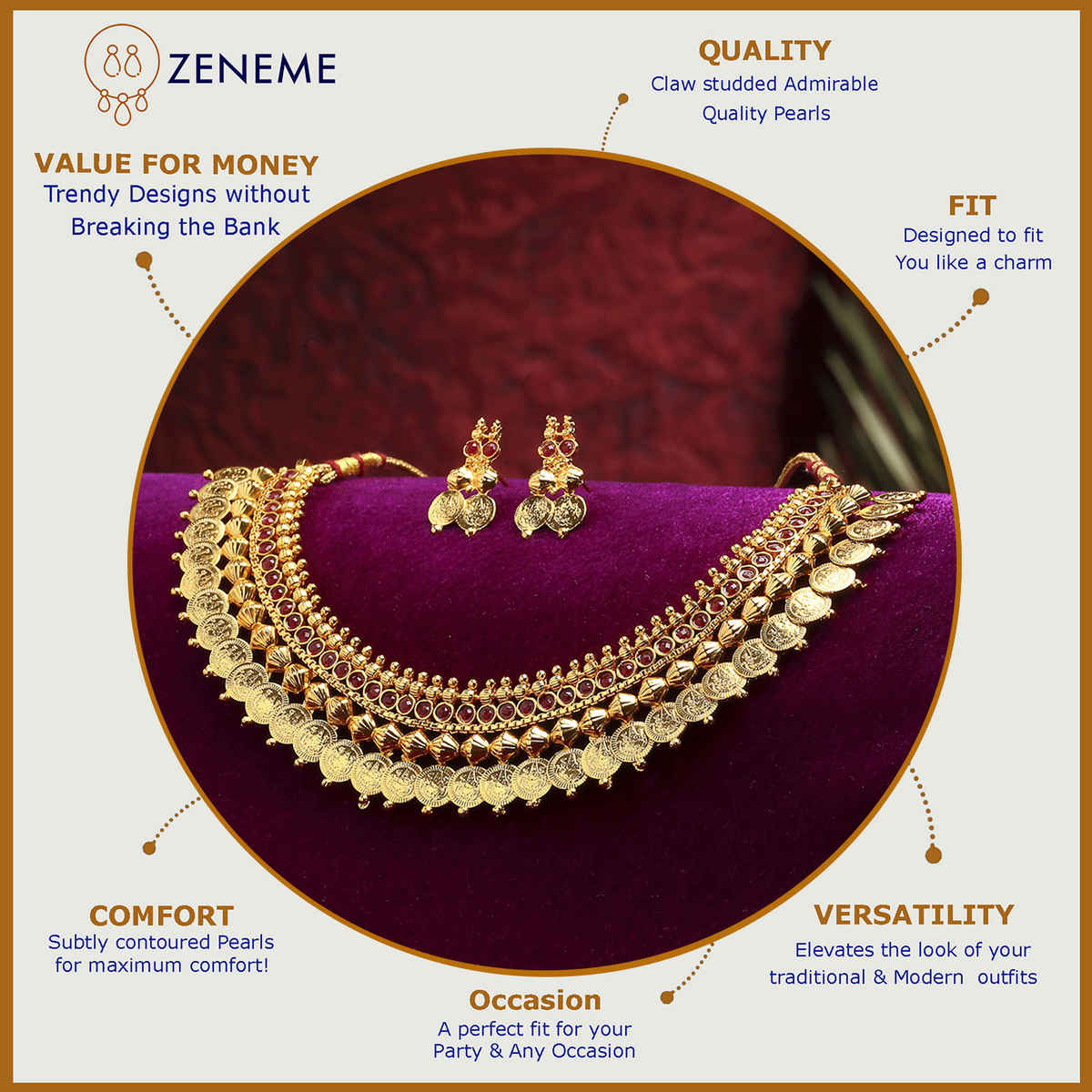 Zeneme Women's Gold-Plated South Indian Red Lakshmi Kasu Coin Temple Necklace