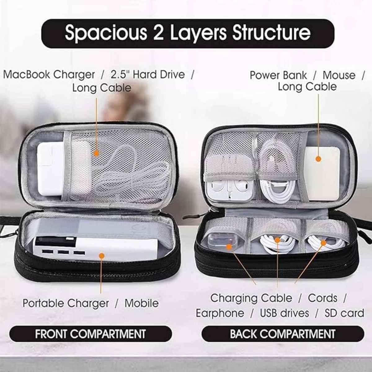 Elfora Cable Organizer Pouch Double Layer Travel Storage for Cables Chargers Power Bank | Black