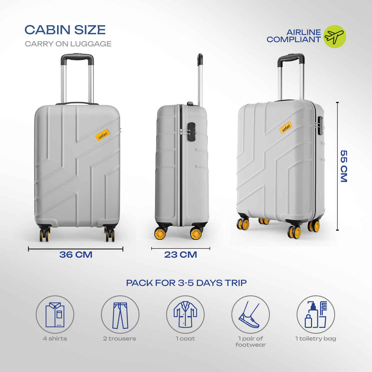 Safari Stratos Cabin Trolley Bag | 360 Degree 8 Wheels Hard Polycarbonate | Cloud Grey - 55 cm