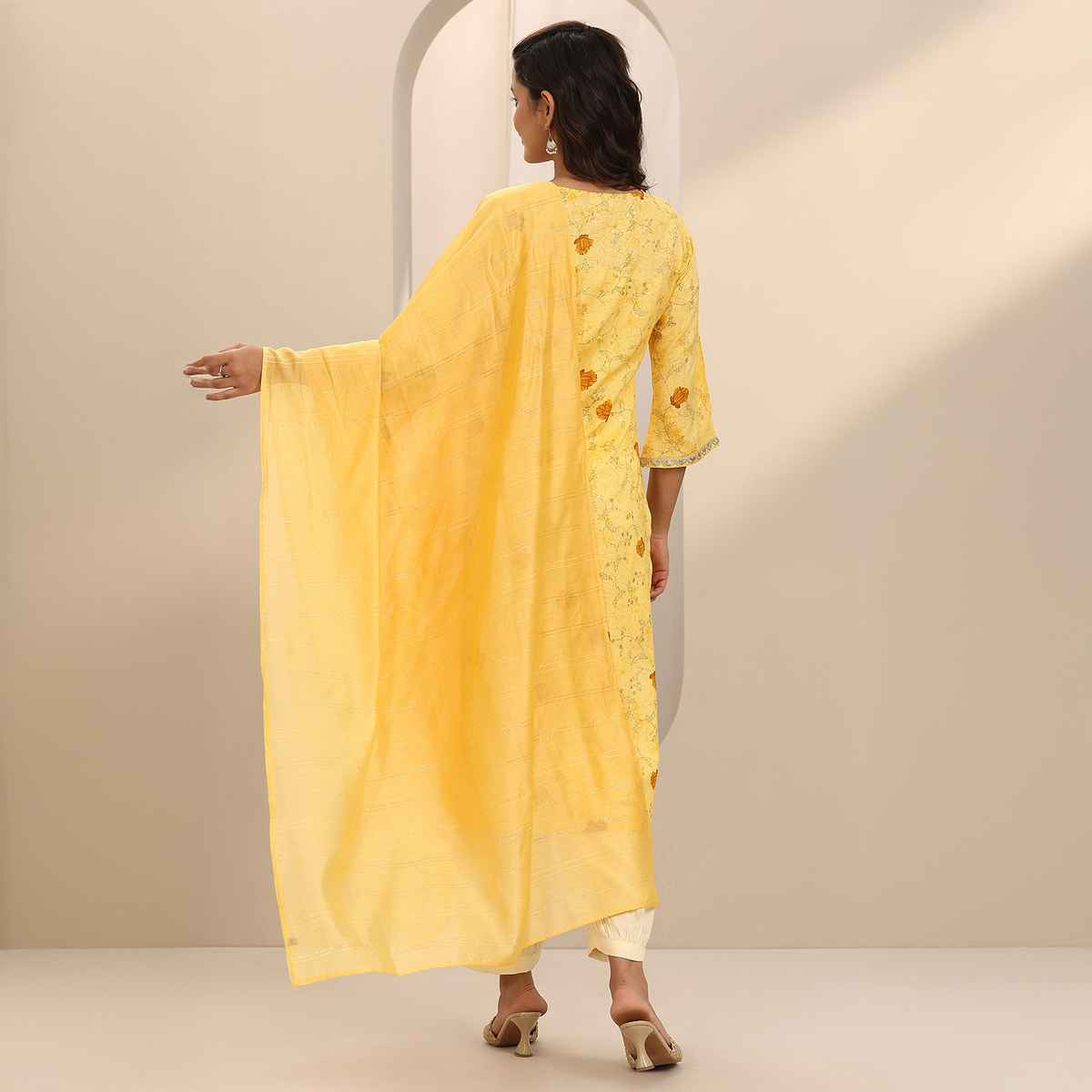 Libas Women's Printed Cotton Blend Straight Suit Set with Dupatta | Yellow - L