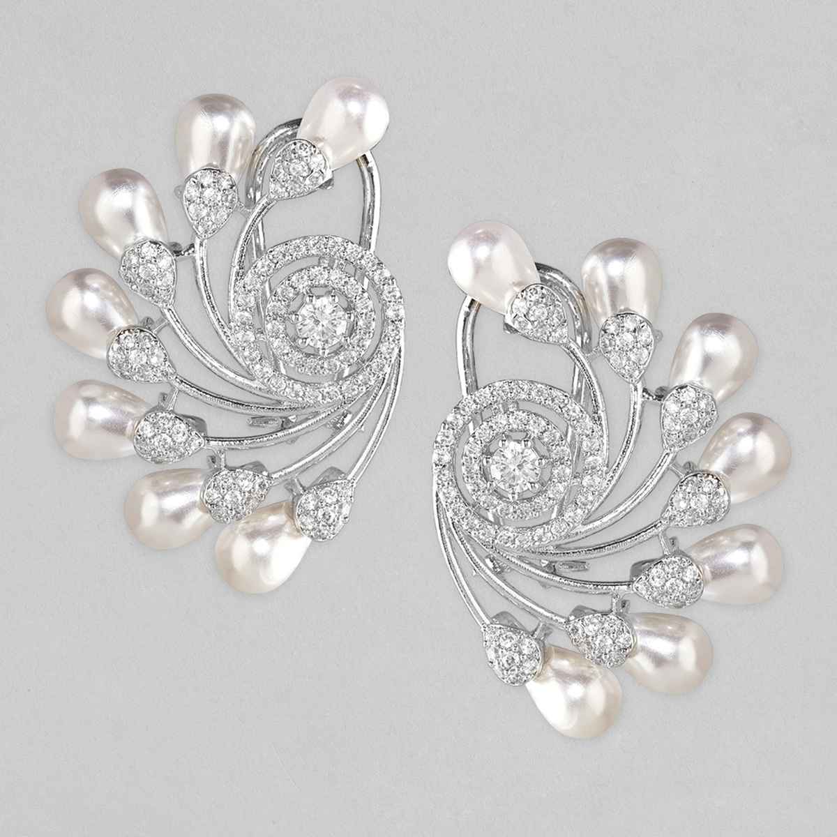 Rubans Silver-Plated Pearls and Cubic Zirconia Studded Oversized Premium Floral Stud Earring