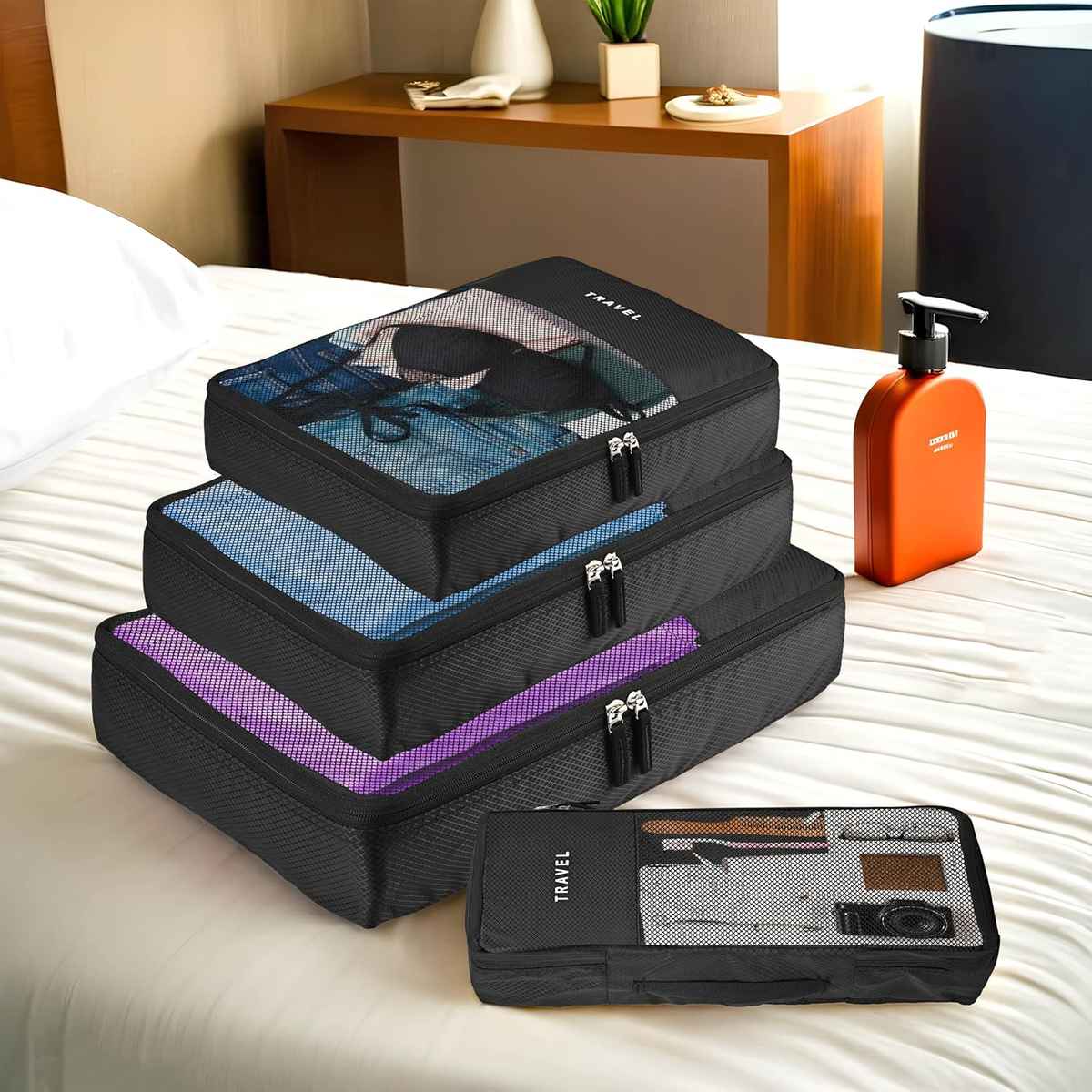 Kuber Industries Packing Cubes | Travel Mesh Suitcase Organizer Bags | Black