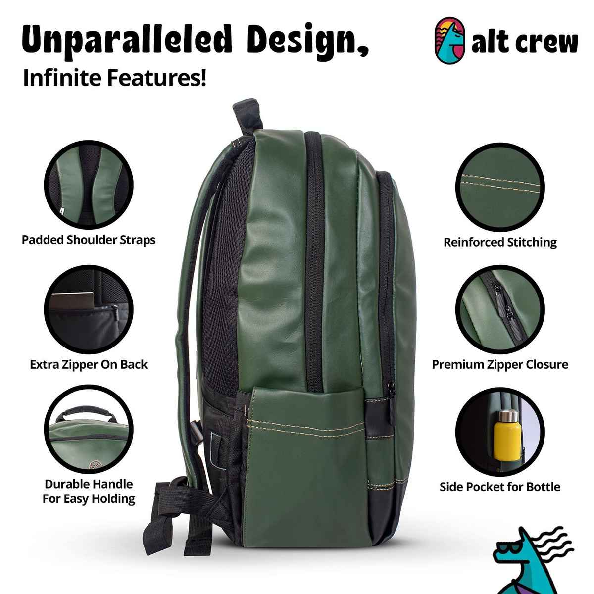 Alt Crew Unisex Synthetic Leather 28 L Laptop Bag with Cushioned Back Support | Olive Green