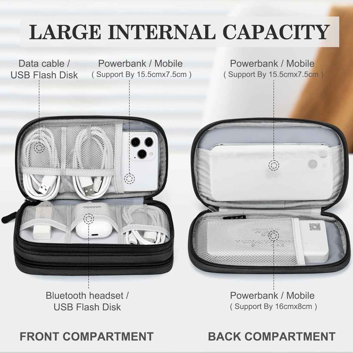 Elfora Big Cable Organizer Bag Double Layer Travel Storage | Black - 27 x 16 cm