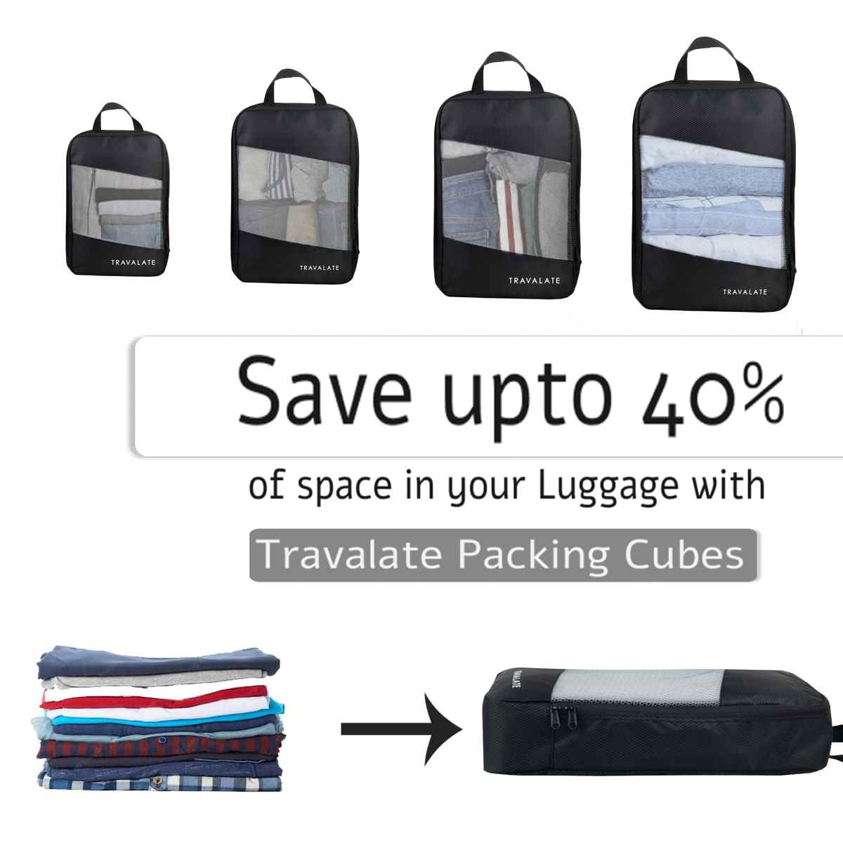 TRAVALATE Polyester 4 Various Sizes Travel Luggage Packing Cubes | Black