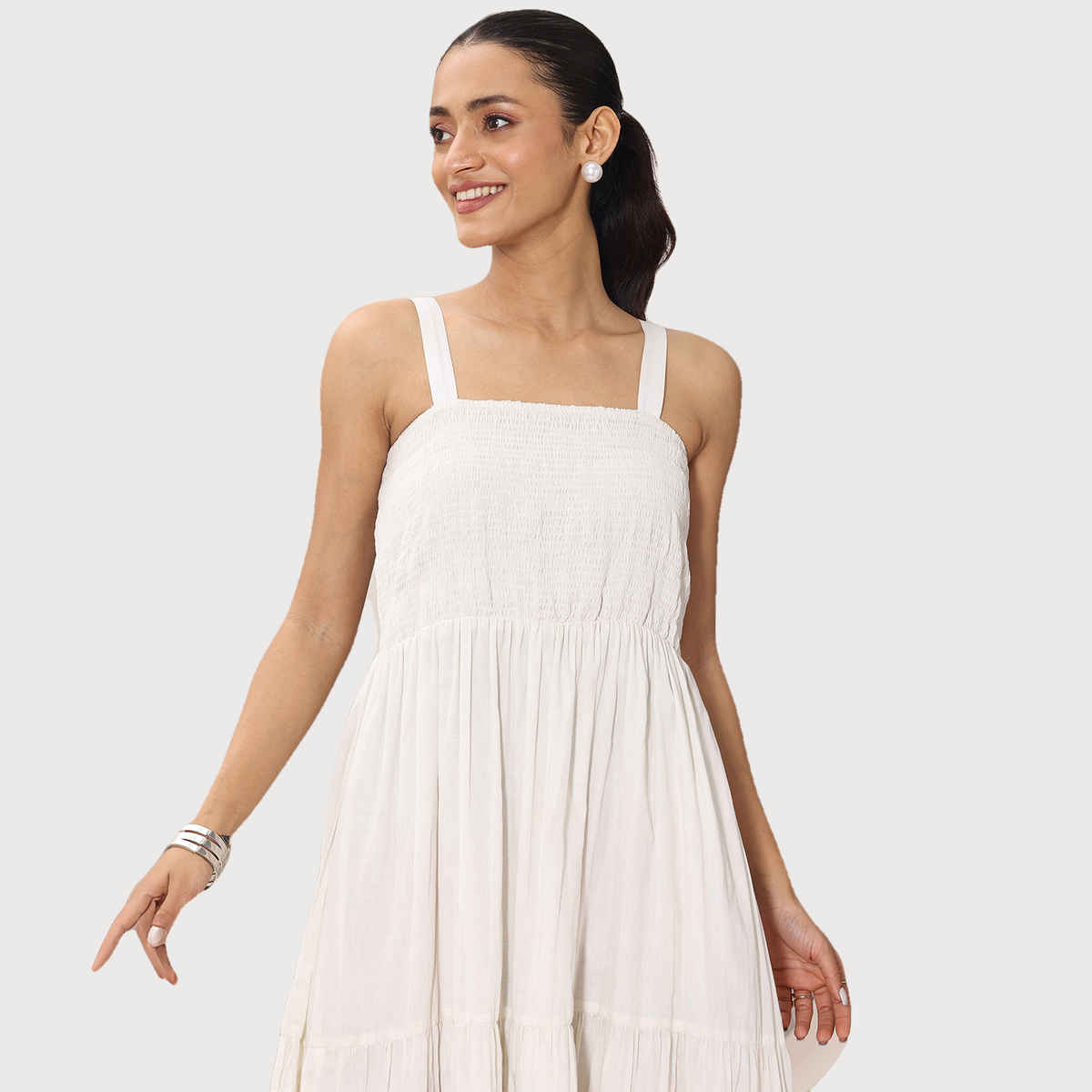 Libas Women's Solid Cotton Fit and Flare One Piece Dress | Off White - S