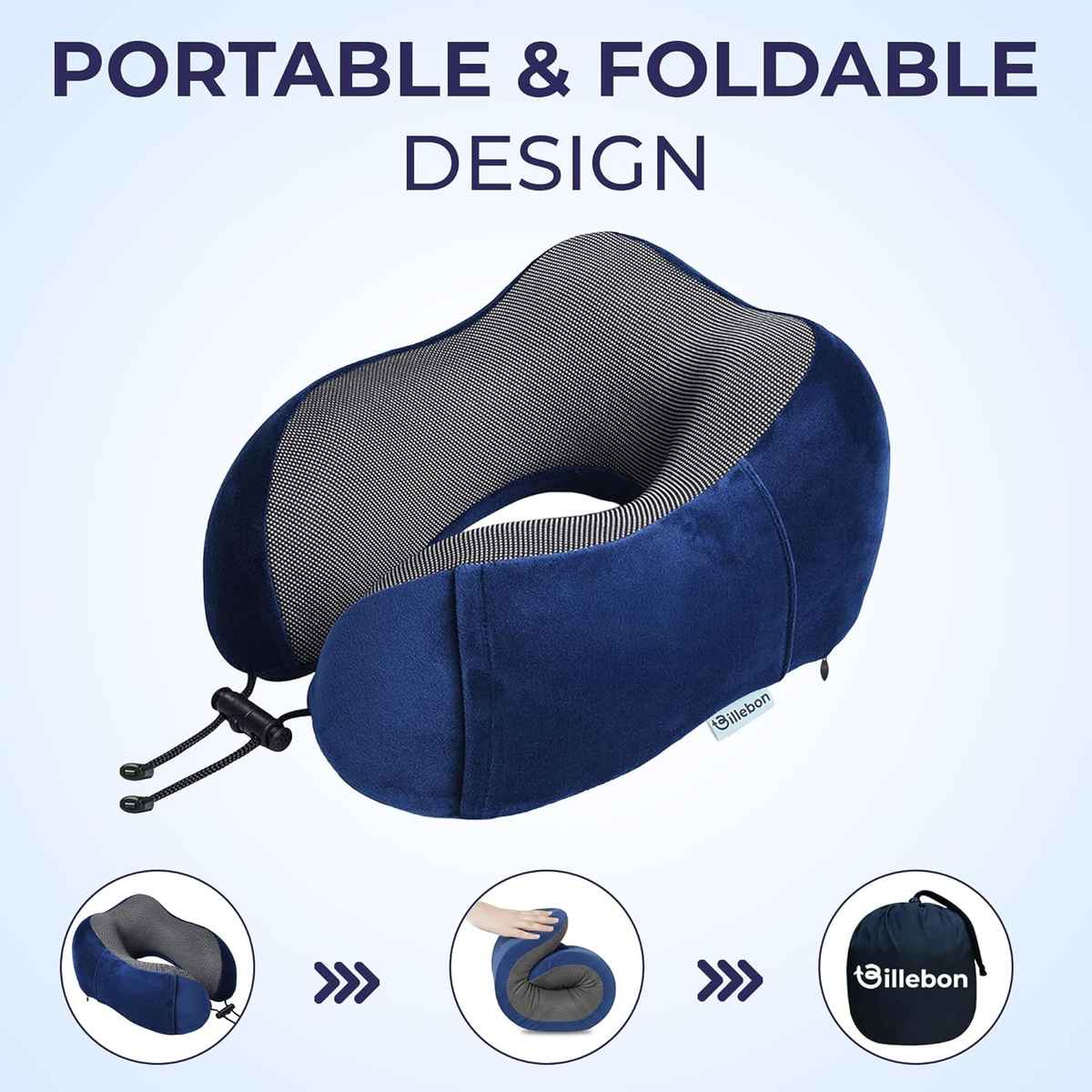 Billebon Unisex Memory Foam Neck Pillow with Eye Mask | Navy Blue - One Size