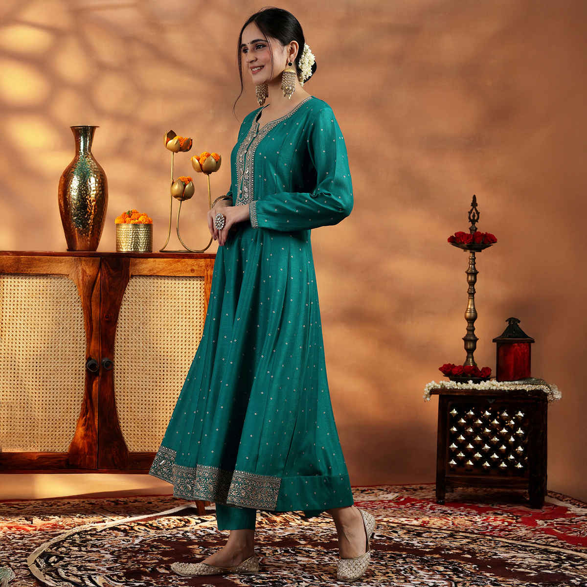 Libas Rama Embroidered Silk Blend Anarkali Suit With Dupatta | 27891H | Green - L