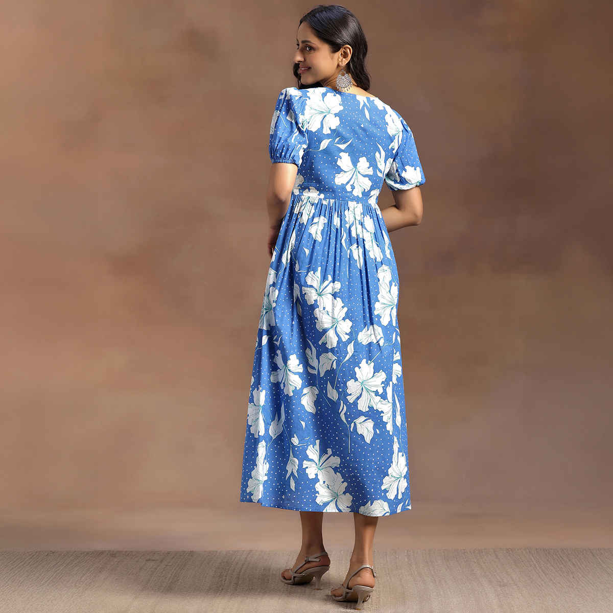 Libas Women's Printed Cotton Fit and Flare Dress | Blue - L