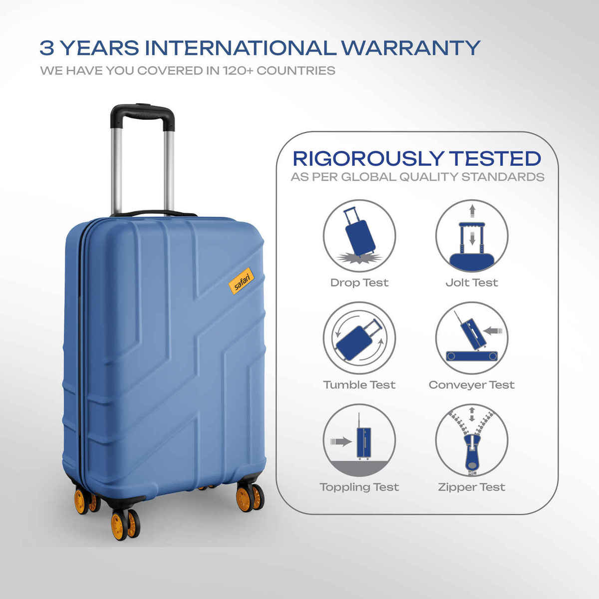 Safari Stratos Cabin Trolley Bag | 360 Degree 8 Wheels Hard Polycarbonate | Steel Blue - 55 cm