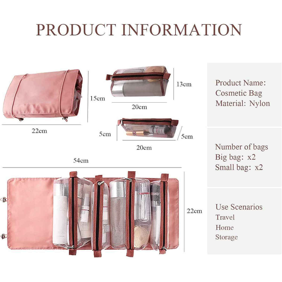 Awestuffs 4 in 1 Hanging Roll Up Toiletry Makeup Bag Waterproof Travel Organizer | Pink